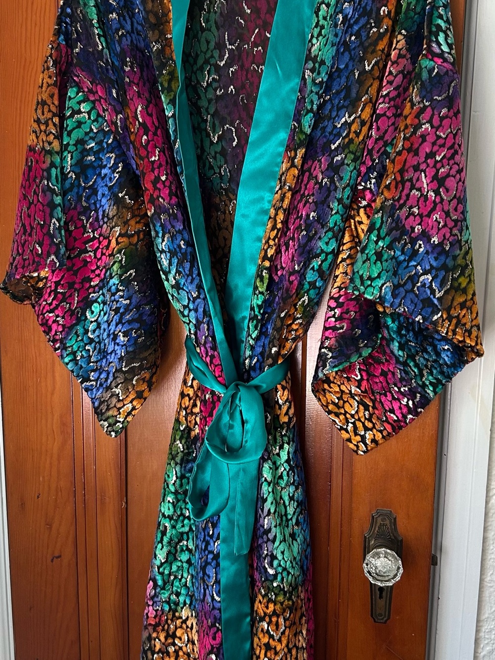 Victoria's Secret VintageGold Label Multicolor Leopard Robe with Teal Trim